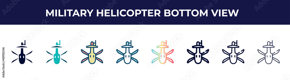 military helicopter bottom view icon in 8 styles. line, filled, glyph, thin outline, colorful, stroke and gradient styles, military helicopter bottom view vector sign. symbol, logo illustration. military helicopter bottom view icon in 8 styles. line, filled, glyph, thin outline, colorful, stroke and gradient styles, military helicopter bottom view vector sign. symbol, logo illustration.