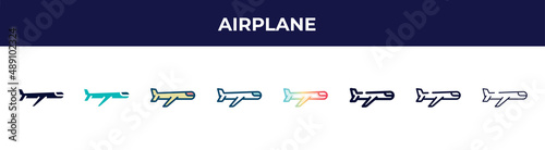 airplane icon in 8 styles. line, filled, glyph, thin outline, colorful, stroke and gradient styles, airplane vector sign. symbol, logo illustration. different style icons set.