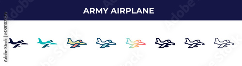 army airplane icon in 8 styles. line, filled, glyph, thin outline, colorful, stroke and gradient styles, army airplane vector sign. symbol, logo illustration. different style icons set.