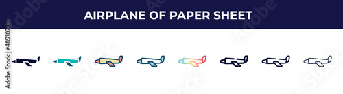 airplane of paper sheet icon in 8 styles. line, filled, glyph, thin outline, colorful, stroke and gradient styles, airplane of paper sheet vector sign. symbol, logo illustration. different style
