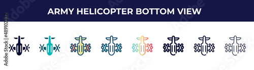 army helicopter bottom view icon in 8 styles. line, filled, glyph, thin outline, colorful, stroke and gradient styles, army helicopter bottom view vector sign. symbol, logo illustration. different