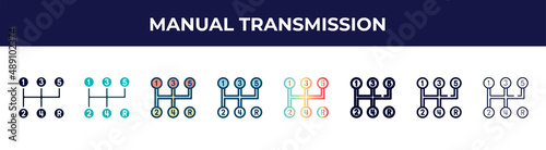 manual transmission icon in 8 styles. line, filled, glyph, thin outline, colorful, stroke and gradient styles, manual transmission vector sign. symbol, logo illustration. different style icons set.