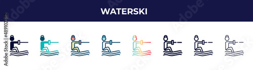 waterski icon in 8 styles. line, filled, glyph, thin outline, colorful, stroke and gradient styles, waterski vector sign. symbol, logo illustration. different style icons set.