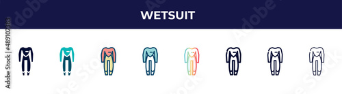 wetsuit icon in 8 styles. line, filled, glyph, thin outline, colorful, stroke and gradient styles, wetsuit vector sign. symbol, logo illustration. different style icons set.