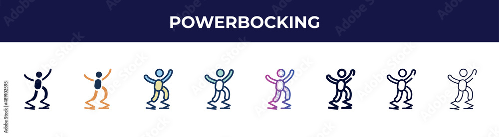 powerbocking icon in 8 styles. line, filled, glyph, thin outline, colorful, stroke and gradient styles, powerbocking vector sign. symbol, logo illustration. different style icons set.