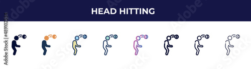 head hitting icon in 8 styles. line, filled, glyph, thin outline, colorful, stroke and gradient styles, head hitting vector sign. symbol, logo illustration. different style icons set.