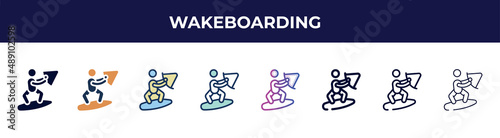 wakeboarding icon in 8 styles. line, filled, glyph, thin outline, colorful, stroke and gradient styles, wakeboarding vector sign. symbol, logo illustration. different style icons set.