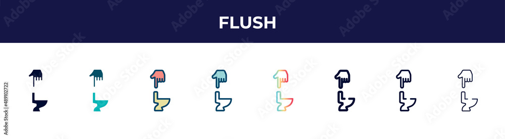 flush icon in 8 styles. line, filled, glyph, thin outline, colorful, stroke and gradient styles, flush vector sign. symbol, logo illustration. different style icons set. flush icon in 8 styles. line, filled, glyph, thin outline, colorful, stroke and gradient styles, flush vector sign. symbol, logo illustration. different style icons set.