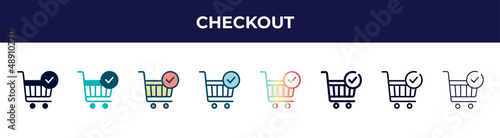 checkout icon in 8 styles. line, filled, glyph, thin outline, colorful, stroke and gradient styles, checkout vector sign. symbol, logo illustration. different style icons set.