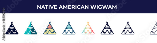 native american wigwam icon in 8 styles. line, filled, glyph, thin outline, colorful, stroke and gradient styles, native american wigwam vector sign. symbol, logo illustration. different style icons