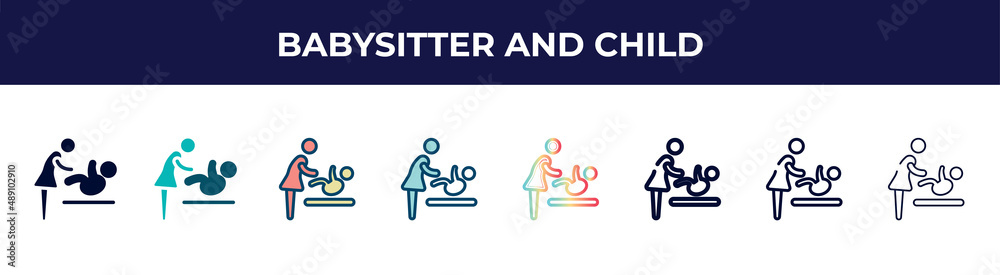 babysitter and child icon in 8 styles. line, filled, glyph, thin outline, colorful, stroke and gradient styles, babysitter and child vector sign. symbol, logo illustration. different style icons babysitter and child icon in 8 styles. line, filled, glyph, thin outline, colorful, stroke and gradient styles, babysitter and child vector sign. symbol, logo illustration. different style icons