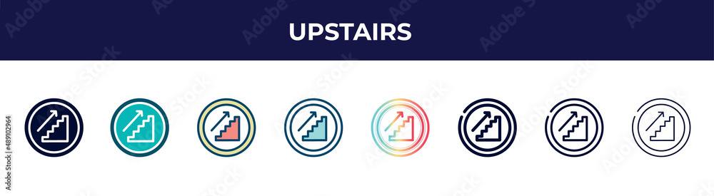 upstairs icon in 8 styles. line, filled, glyph, thin outline, colorful, stroke and gradient styles, upstairs vector sign. symbol, logo illustration. different style icons set.