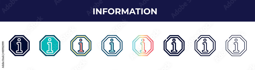 information icon in 8 styles. line, filled, glyph, thin outline, colorful, stroke and gradient styles, information vector sign. symbol, logo illustration. different style icons set. information icon in 8 styles. line, filled, glyph, thin outline, colorful, stroke and gradient styles, information vector sign. symbol, logo illustration. different style icons set.