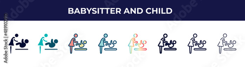 babysitter and child icon in 8 styles. line, filled, glyph, thin outline, colorful, stroke and gradient styles, babysitter and child vector sign. symbol, logo illustration. different style icons