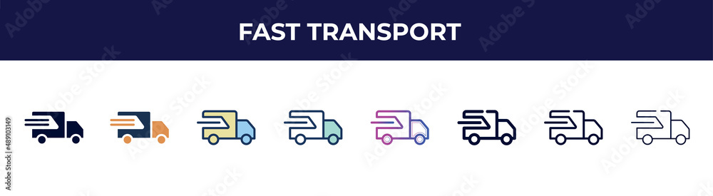 fast transport icon in 8 styles. line, filled, glyph, thin outline, colorful, stroke and gradient styles, fast transport vector sign. symbol, logo illustration. different style icons set. fast transport icon in 8 styles. line, filled, glyph, thin outline, colorful, stroke and gradient styles, fast transport vector sign. symbol, logo illustration. different style icons set.