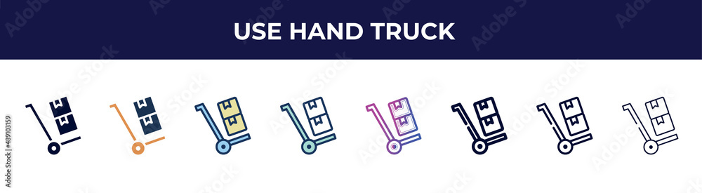 use hand truck icon in 8 styles. line, filled, glyph, thin outline, colorful, stroke and gradient styles, use hand truck vector sign. symbol, logo illustration. different style icons set. use hand truck icon in 8 styles. line, filled, glyph, thin outline, colorful, stroke and gradient styles, use hand truck vector sign. symbol, logo illustration. different style icons set.