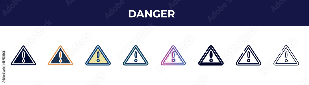 danger icon in 8 styles. line, filled, glyph, thin outline, colorful, stroke and gradient styles, danger vector sign. symbol, logo illustration. different style icons set. danger icon in 8 styles. line, filled, glyph, thin outline, colorful, stroke and gradient styles, danger vector sign. symbol, logo illustration. different style icons set.