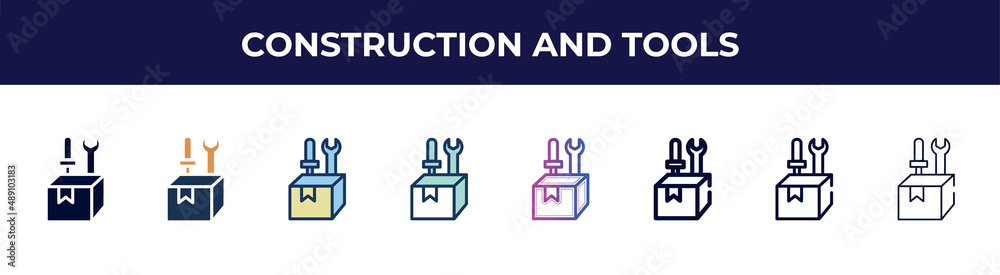 construction and tools icon in 8 styles. line, filled, glyph, thin outline, colorful, stroke and gradient styles, construction and tools vector sign. symbol, logo illustration. different style icons construction and tools icon in 8 styles. line, filled, glyph, thin outline, colorful, stroke and gradient styles, construction and tools vector sign. symbol, logo illustration. different style icons