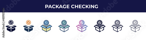 package checking icon in 8 styles. line, filled, glyph, thin outline, colorful, stroke and gradient styles, package checking vector sign. symbol, logo illustration. different style icons set.