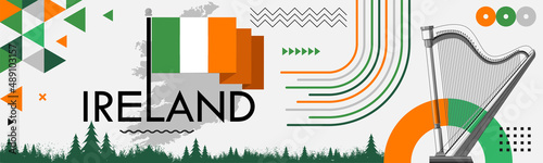 Ireland national day banner with Irish flag colors theme background and geometric abstract retro modern green orang white design. Irish Harp and map icon, celebration of St Patrick's Day. Vector