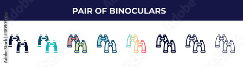 pair of binoculars icon in 8 styles. line, filled, glyph, thin outline, colorful, stroke and gradient styles, pair of binoculars vector sign. symbol, logo illustration. different style icons set.
