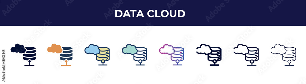 data cloud icon in 8 styles. line, filled, glyph, thin outline, colorful, stroke and gradient styles, data cloud vector sign. symbol, logo illustration. different style icons set. data cloud icon in 8 styles. line, filled, glyph, thin outline, colorful, stroke and gradient styles, data cloud vector sign. symbol, logo illustration. different style icons set.