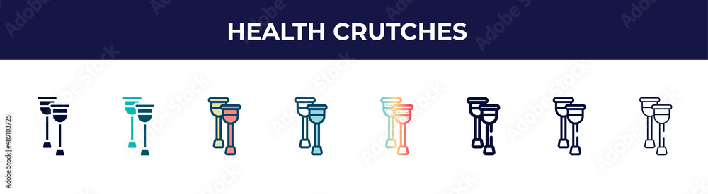 health crutches icon in 8 styles. line, filled, glyph, thin outline, colorful, stroke and gradient styles, health crutches vector sign. symbol, logo illustration. different style icons set. health crutches icon in 8 styles. line, filled, glyph, thin outline, colorful, stroke and gradient styles, health crutches vector sign. symbol, logo illustration. different style icons set.