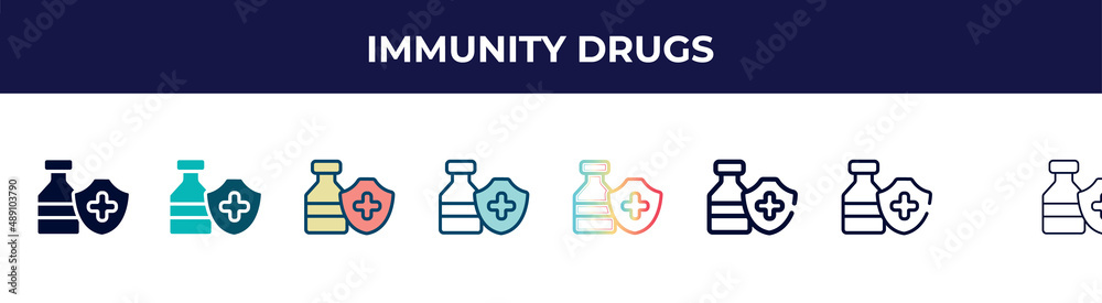 immunity drugs icon in 8 styles. line, filled, glyph, thin outline, colorful, stroke and gradient styles, immunity drugs vector sign. symbol, logo illustration. different style icons set.