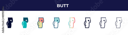butt icon in 8 styles. line, filled, glyph, thin outline, colorful, stroke and gradient styles, butt vector sign. symbol, logo illustration. different style icons set.
