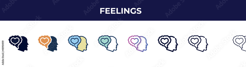 feelings icon in 8 styles. line, filled, glyph, thin outline, colorful, stroke and gradient styles, feelings vector sign. symbol, logo illustration. different style icons set.