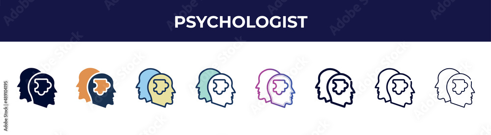 psychologist icon in 8 styles. line, filled, glyph, thin outline, colorful, stroke and gradient styles, psychologist vector sign. symbol, logo illustration. different style icons set.