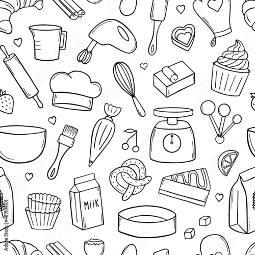 Seamless pattern of baking doodle. Cooking elements: mixer, butter, flour, spoon, whisk in sketch style.  Hand drawn vector illustration isolated on white background.
