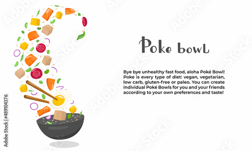 Flying poke bowl ingredients with hand written lettering and text. Healthy food concept. Vector stock illustration for banner, menu fast food restaurant, isolated on white background. 