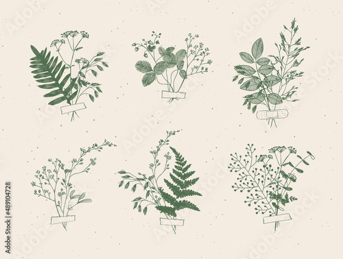 Obraz na płótnie Branches and leaves are collected into a bouquet with sticker drawing in green color on beige background w salonie