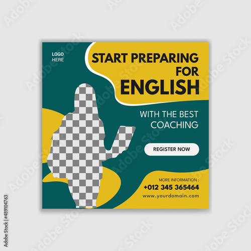 English learning Institute online admission social media post design template. Advertising social media posts with customized layers. Promotional social media posts for advertising