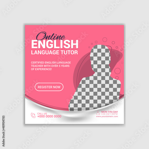 Online English lessons social media post design template, Advertising social media posts with customized layers. Promotional social media posts for advertising