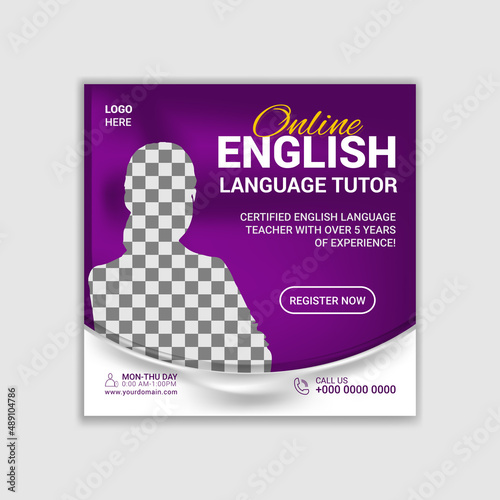 English lessons online Institution social media post design template. Advertising social media posts with customized layers. Promotional social media posts for advertising