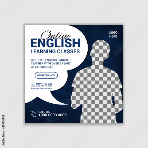 English lessons online Institution social media post design template. Advertising social media posts with customized layers. Promotional social media posts for advertising