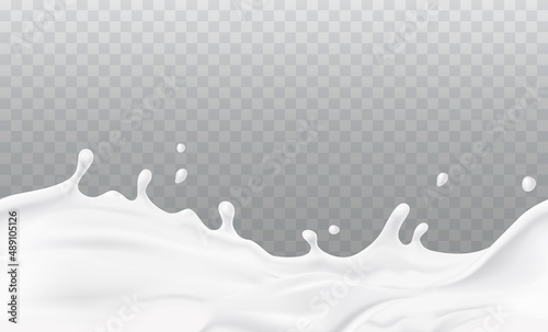 Milk splash seamless pattern isolated on transparent background. 3d realistic yogurt wave border. Vector milky package design