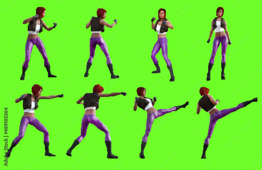 Pixel artwork illustration of female street fighting character.