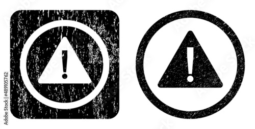 Vector danger sign subtracted icon. Grunge danger sign stamp, done with icon and rounded square. Rounded square stamp seal include danger sign subtracted shape inside.