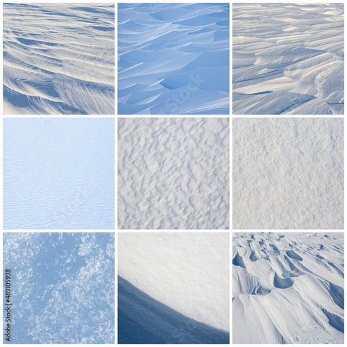 Set of snow textures. Collection of beautiful winter backgrounds with snowy ground. Natural textures of clean fresh flat snow and wind-sculpted patterns on the surface of the snow. photo