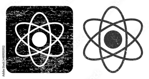 Vector atom carved icon. Grunge atom seal stamp, done from icon and rounded square. Rounded square stamp seal have atom cut out shape inside. Vector atom grunge images.
