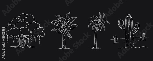 Set various hand drawn trees vector clip art on black background  photo