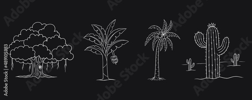 Set various hand drawn trees vector clip art on black background 