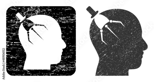 Vector brain intruder carved pictogram. Grunge brain intruder seal stamp, done from icon and rounded square. Rounded square stamp seal include brain intruder cut out shape inside.