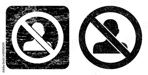 Vector stop man carved icon. Grunge stop man seal stamp, done from icon and rounded square. Rounded square stamp seal include stop man cut out shape inside. Vector stop man grunge images.