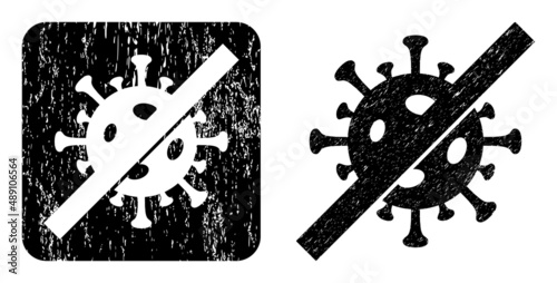Vector no flu virus carved icon. Grunge no flu virus seal, done from icon and rounded square. Rounded square seal include no flu virus hole inside. Vector no flu virus grunge images.