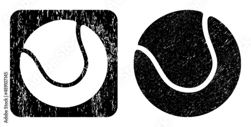 Vector tennis ball hole icon. Grunge tennis ball watermark, done with icon and rounded square. Rounded square stamp have tennis ball subtracted shape inside. Vector tennis ball grunge images.