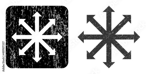 Vector expand arrows stencil icon. Grunge expand arrows imprint, done from icon and rounded square. Rounded square seal have expand arrows subtracted shape inside. Vector expand arrows grunge images.